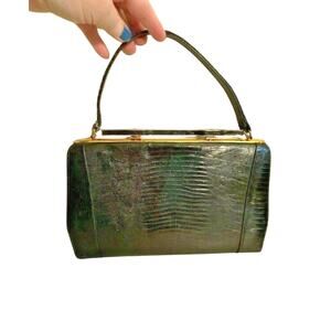 Vintage Mid Century Top Handle Purse Black / Brown Lizard Skin Textured Leather
